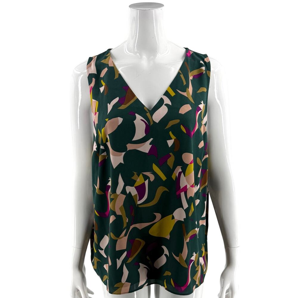 Nine West Womens Top Size XL Green Pink Purple Abstract Print V Neck Sleeveless